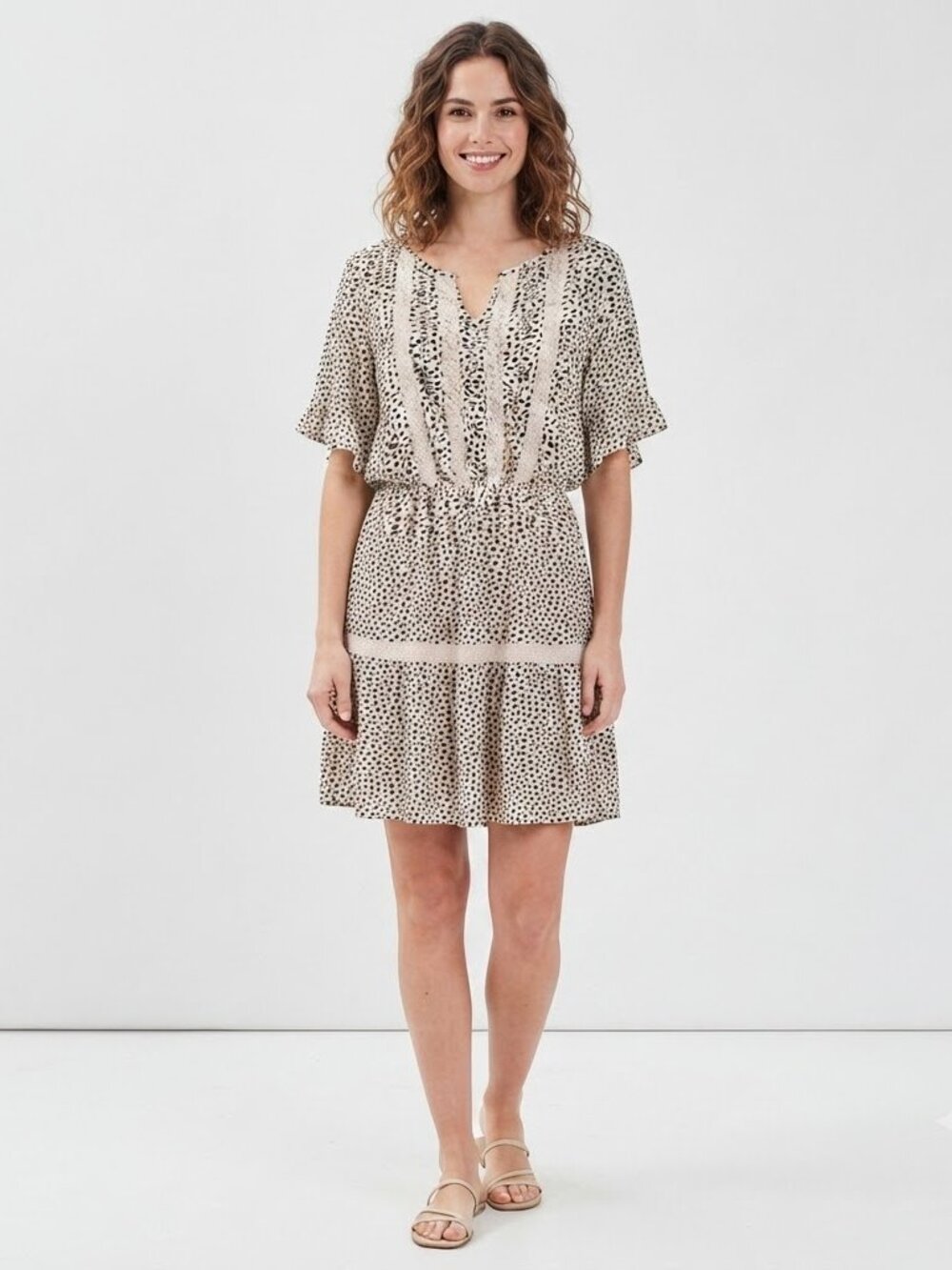 L Love Animal Print Tiered Dress with Lace Detail and Tassels